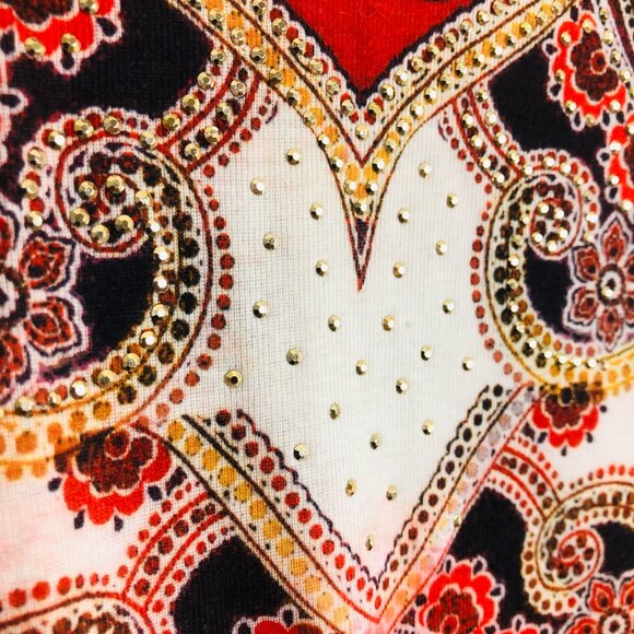 One World Casual Paisley Print Top Sz Large Boho Chic Pink Red Embellished - Picture 6 of 7